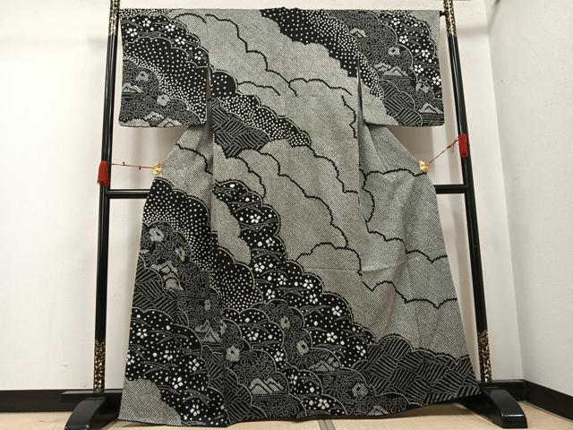 平和屋着物●訪問着 総絞り 雲重ね花文 黒地 正絹 逸品 AABJ8475ph