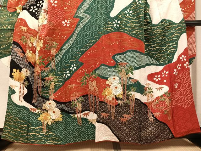 平和屋着物●豪華振袖 駒刺繍 絞り 草花文 金彩 正絹 逸品 AABJ8485ph