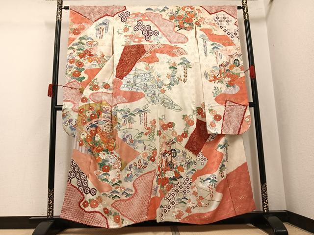 平和屋着物●豪華振袖 駒刺繍 絞り 檜扇御所車草花文 金彩 正絹 逸品 AABJ8487ph