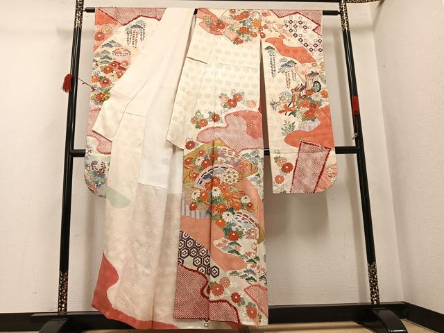 平和屋着物●豪華振袖 駒刺繍 絞り 檜扇御所車草花文 金彩 正絹 逸品 AABJ8487ph