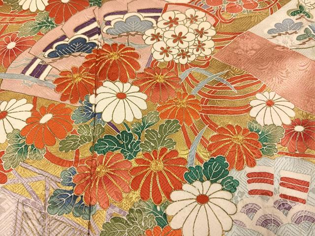 平和屋着物●豪華振袖 駒刺繍 絞り 檜扇御所車草花文 金彩 正絹 逸品 AABJ8487ph