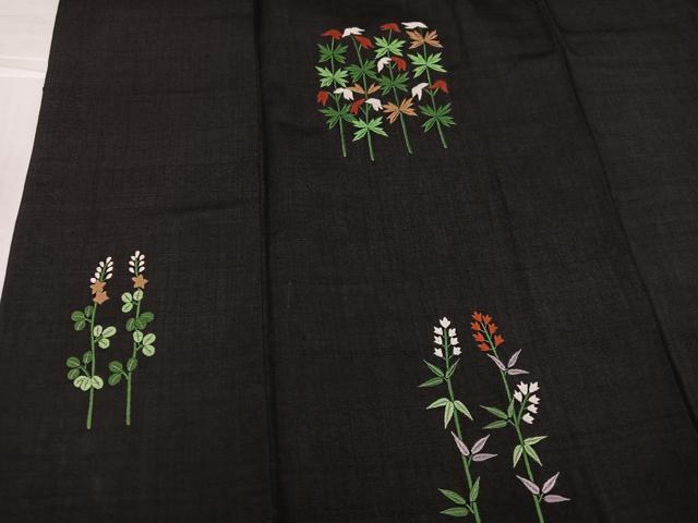 平和屋着物●訪問着 紬地 総刺繍 草花文 黒地 正絹 逸品 AABJ8517ph