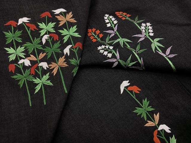 平和屋着物●訪問着 紬地 総刺繍 草花文 黒地 正絹 逸品 AABJ8517ph