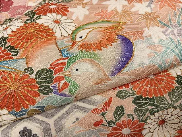 平和屋着物●豪華振袖 駒刺繍 鴛鴦吉祥花文 金彩 正絹 逸品 AABJ8535ph