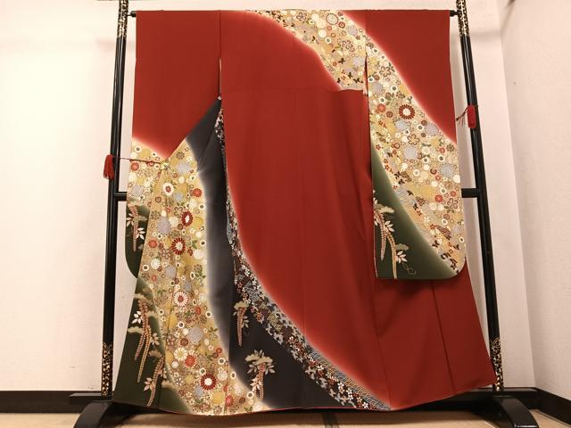 平和屋着物●豪華振袖 花蝶青海波 暈し染め 金彩 正絹 逸品 AABJ8536ph