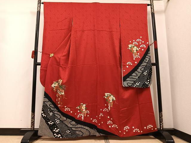 平和屋着物●豪華振袖 駒刺繍 絞り 檜扇花文 正絹 逸品 AABJ8559ph
