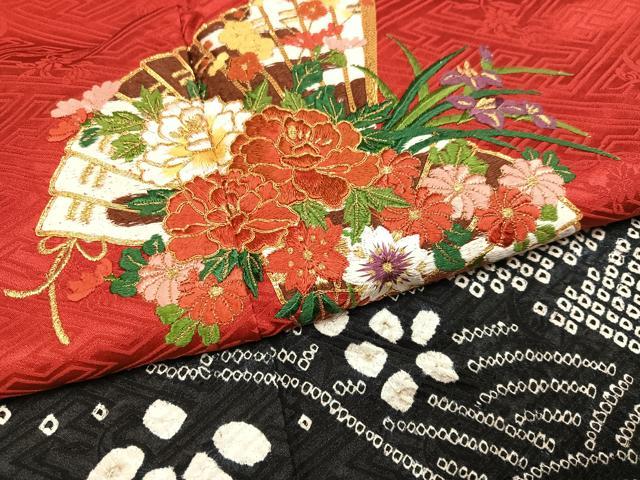 平和屋着物●豪華振袖 駒刺繍 絞り 檜扇花文 正絹 逸品 AABJ8559ph