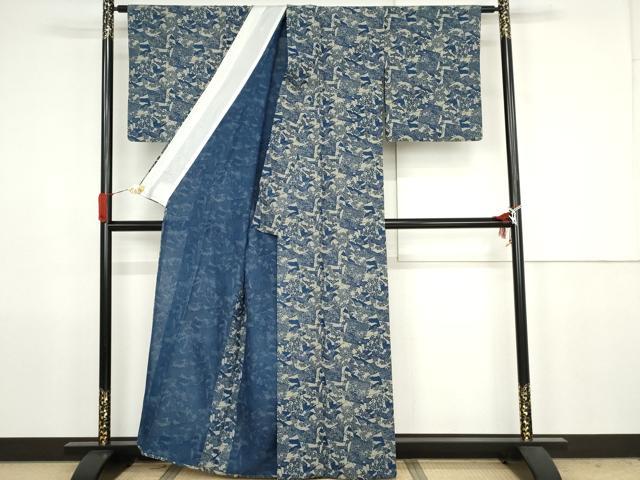 平和屋着物*夏物 本場阿波藍染 角田智造 小紋 色紙重ね人物風景文 正絹 逸品 AABJ8577cs