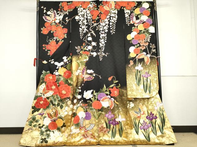 平和屋着物●豪華振袖 駒刺繍 花蝶文 黒地 金彩 ロング丈 正絹 逸品 AABJ8593cs