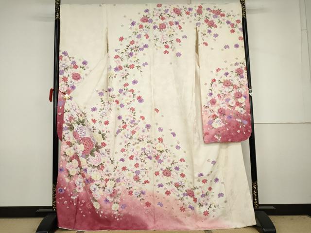 平和屋着物●豪華振袖 駒刺繍 草花文 暈し染め 銀彩 正絹 逸品 AABJ8607cs