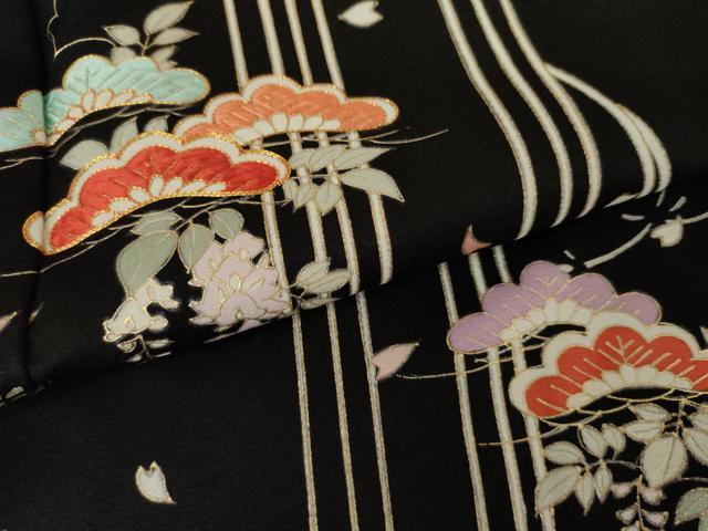 平和屋着物●訪問着 駒刺繍 松 黒地 金銀彩 正絹 逸品 AABJ8609cs
