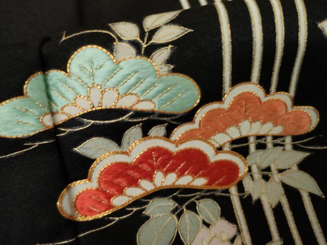 平和屋着物●訪問着 駒刺繍 松 黒地 金銀彩 正絹 逸品 AABJ8609cs