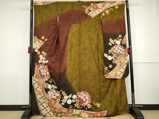 平和屋着物●豪華振袖 舞桜文 暈し染め 金糸 金彩 金通し地 正絹 逸品 AABJ8627cs