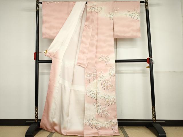 平和屋着物●訪問着 手描き 刺繍 流水枝花文 暈し染め 金彩 正絹 逸品 AABJ8628cs