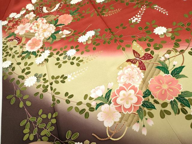 平和屋着物●豪華振袖 駒刺繍 花筏舞蝶文 暈し染め 金彩 正絹 逸品 AABJ8646cs