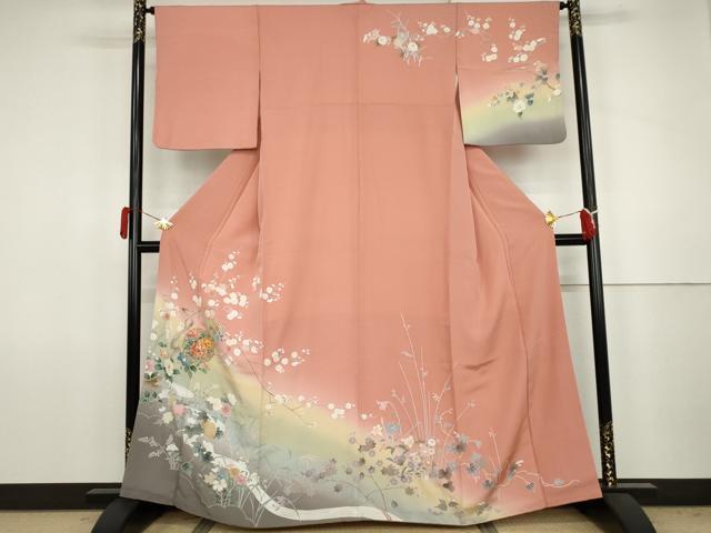 平和屋着物●訪問着 友禅 駒刺繍 雪輪枝花文 暈し染め 金彩 正絹 逸品 AABJ8654cs