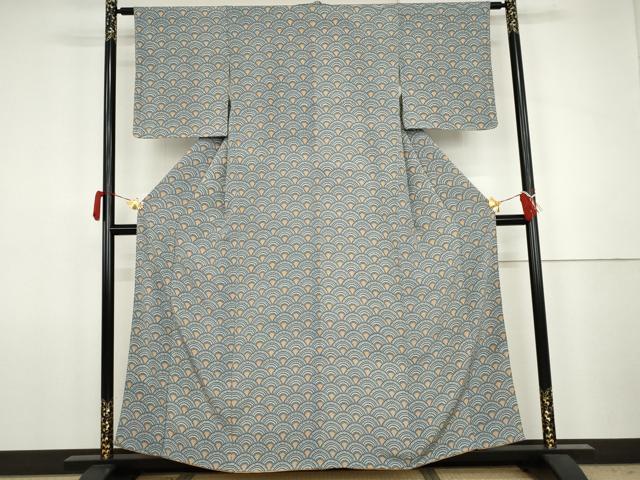 平和屋着物●上質な小紋 型染め 花青海波 正絹 逸品 AABJ8655cs