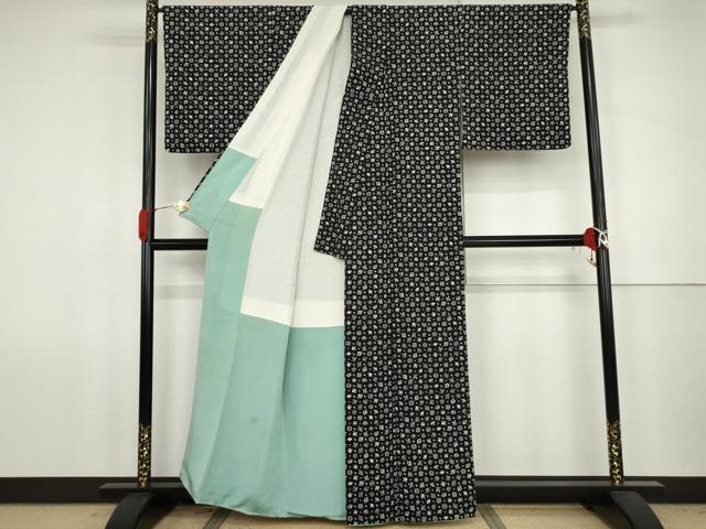 平和屋着物●上質な小紋 型染め 吉祥花宝尽くし 黒地 正絹 逸品 AABJ8656cs