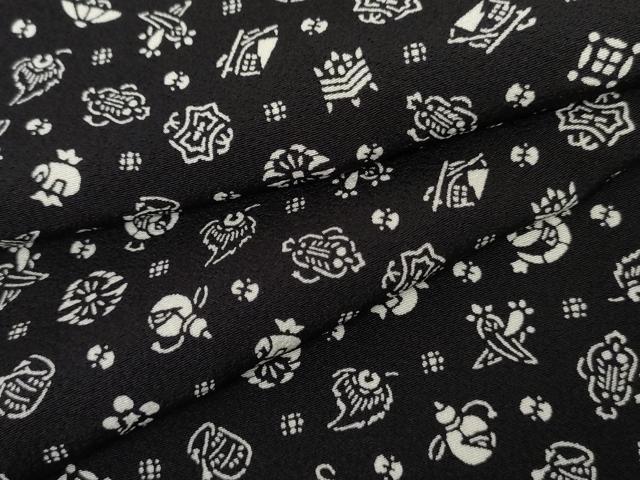 平和屋着物●上質な小紋 型染め 吉祥花宝尽くし 黒地 正絹 逸品 AABJ8656cs
