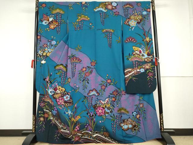 平和屋着物●紅型 振袖 吉祥花蝶文 暈し染め 正絹 逸品 AABJ8668cs