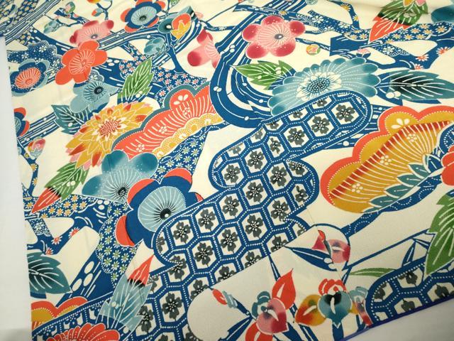 平和屋着物●豪華振袖 型染め 流水枝梅文 鬼しぼ縮緬 正絹 逸品 AABJ8671cs