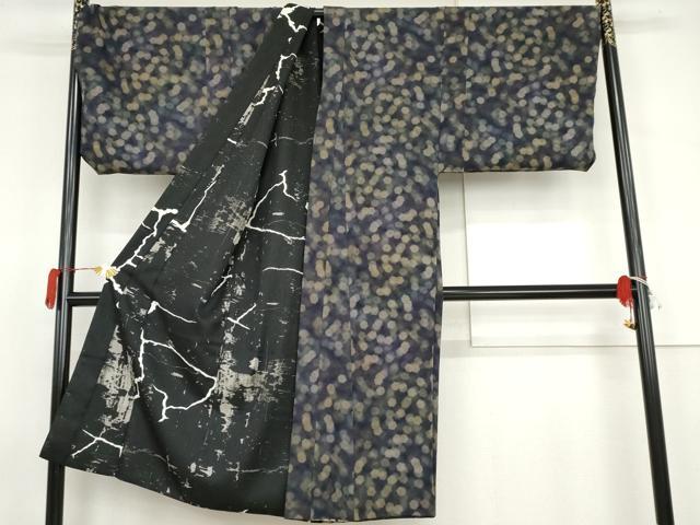 平和屋着物●男性 小紋 氷割れ文 リバーシブル 黒地 キングサイズ ポケット付き 洗える着物 AABJ8675cs