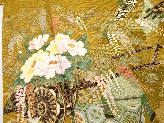 平和屋着物●豪華振袖 駒刺繍 吉祥花車文 金彩 正絹 逸品 AABJ8689cs
