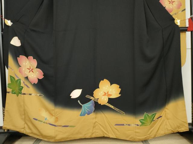 平和屋着物●豪華振袖 吹寄せ花文 暈し染め 黒地 金彩 正絹 逸品 AABJ8691cs