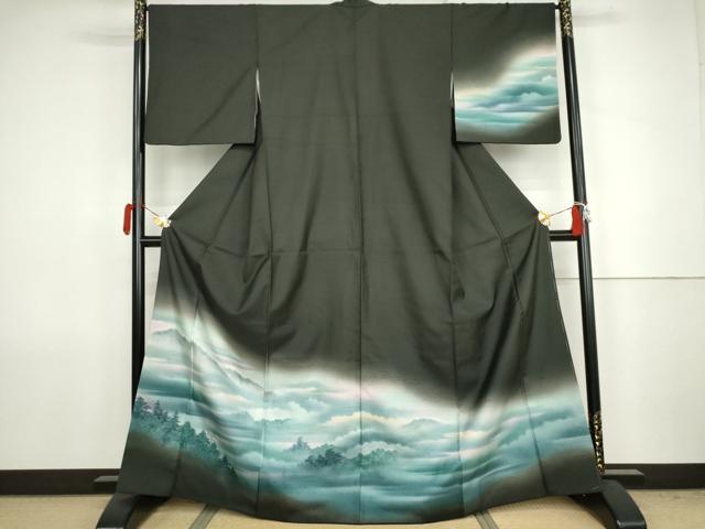 平和屋着物●訪問着 紬地 遠山風景樹林文 正絹 逸品 AABJ8702cs