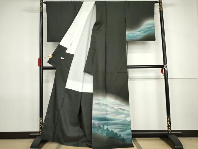 平和屋着物●訪問着 紬地 遠山風景樹林文 正絹 逸品 AABJ8702cs