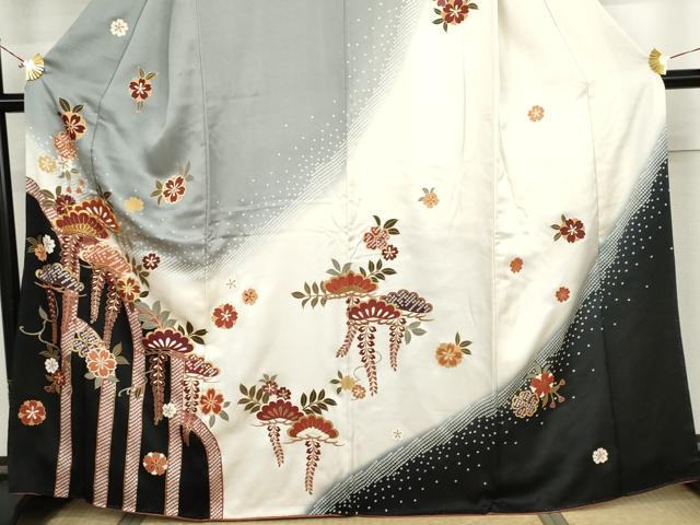 平和屋着物●訪問着 駒刺繍 桜松文 藤花房 暈し染め 金彩 正絹 逸品 AABJ8705cs