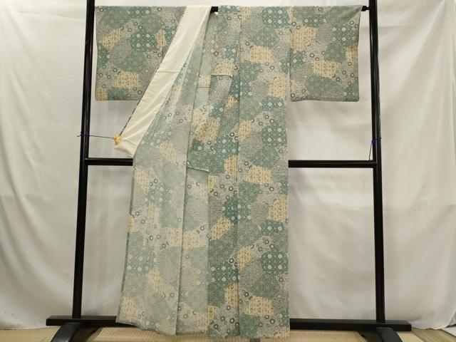 平和屋着物▽上質な小紋 単衣 切り嵌め更紗花文 鬼しぼ縮緬 正絹 逸品 AABJ8728ph