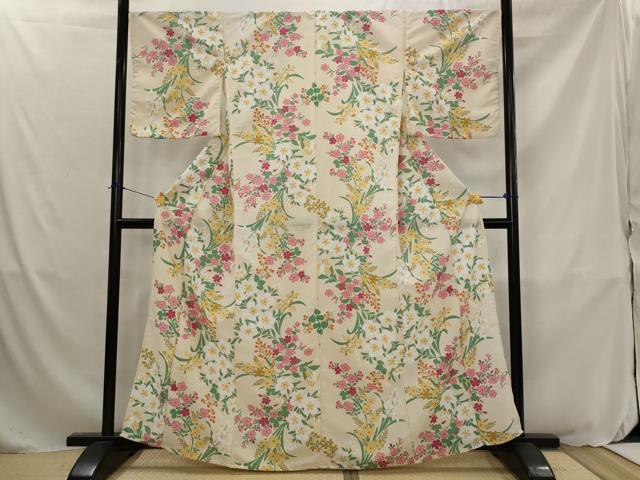 平和屋着物▽小紋 単衣 紅梅織 草花文 洗える着物 AABJ8731st