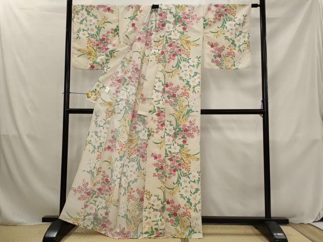平和屋着物▽小紋 単衣 紅梅織 草花文 洗える着物 AABJ8731st