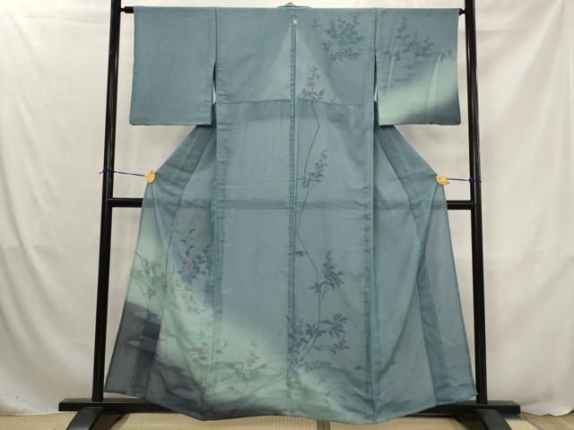 平和屋着物▽訪問着 無双 紗袷 紗×絽 手描き 枝花文 暈し染め 金彩 正絹 逸品 AABJ8750st