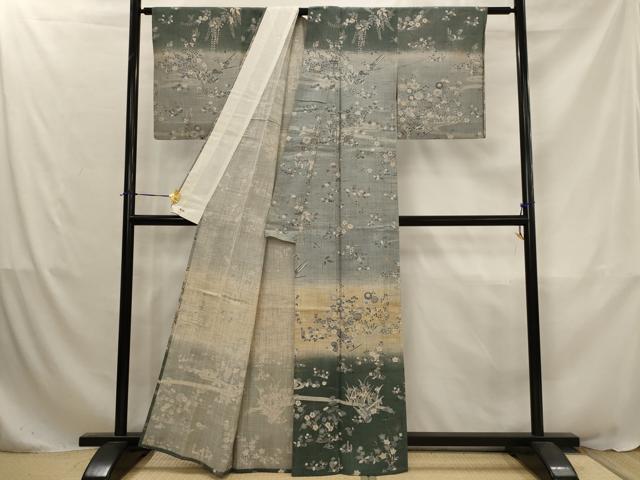 平和屋着物▽染織の名門 しょうざん 生紬 訪問着 単衣 流水草花文 暈し染め 金彩 三越扱い 正絹 逸品 AABJ8754st