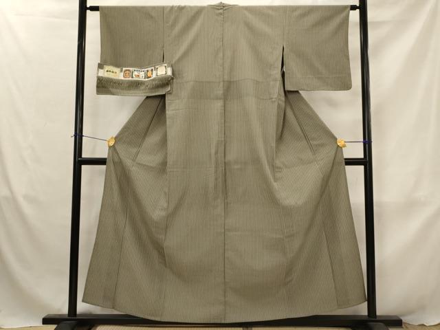 平和屋着物▽本塩沢 単衣 縞 証紙付き 正絹 逸品 AABJ8766st