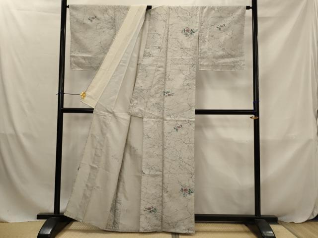 平和屋着物▽上質な小紋 単衣 紬地 草花文 正絹 逸品 AABJ8768st