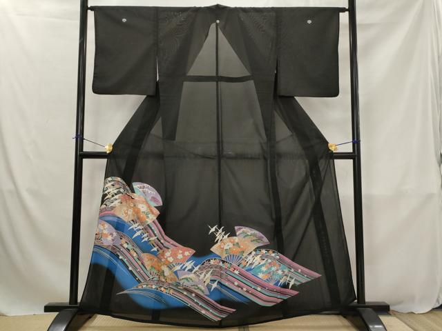 平和屋着物*夏物 黒留袖 絽 扇面飛鶴花文 暈し染め 金彩 洗える着物 AABJ8780st