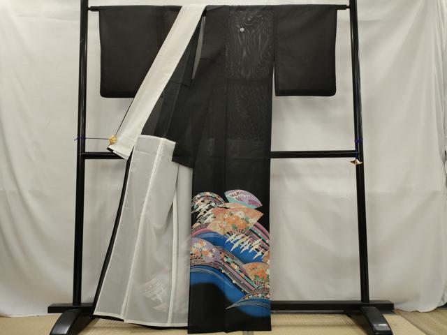 平和屋着物*夏物 黒留袖 絽 扇面飛鶴花文 暈し染め 金彩 洗える着物 AABJ8780st
