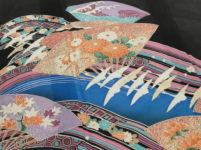 平和屋着物*夏物 黒留袖 絽 扇面飛鶴花文 暈し染め 金彩 洗える着物 AABJ8780st
