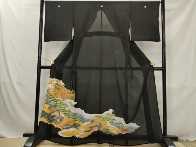 平和屋着物*夏物 黒留袖 絽 駒刺繍 風景枝松文 金彩 正絹 逸品 AABJ8782st