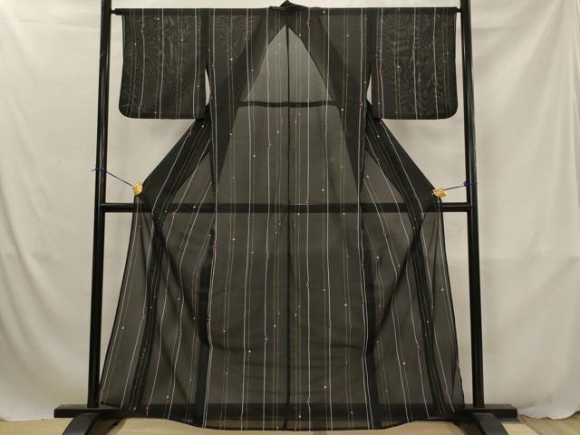 平和屋着物*夏物 小紋 絽 間道 黒地 洗える着物 AABJ8801st