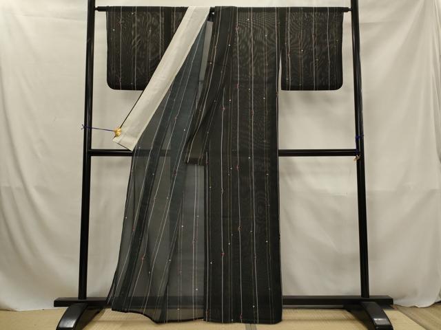 平和屋着物*夏物 小紋 絽 間道 黒地 洗える着物 AABJ8801st