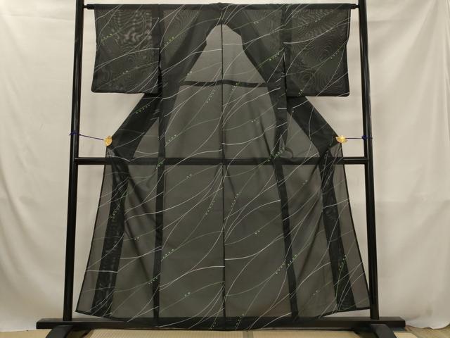 平和屋着物*夏物 小紋 絽 幾何学文様 黒地 洗える着物 AABJ8802st