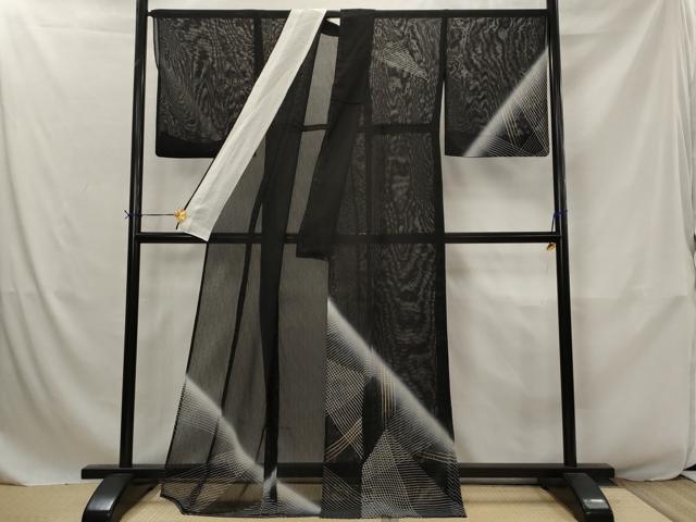 平和屋着物*夏物 訪問着 紗 刺繍 幾何学文様 暈し染め 黒地 金糸 金彩 正絹 逸品 AABJ8809st