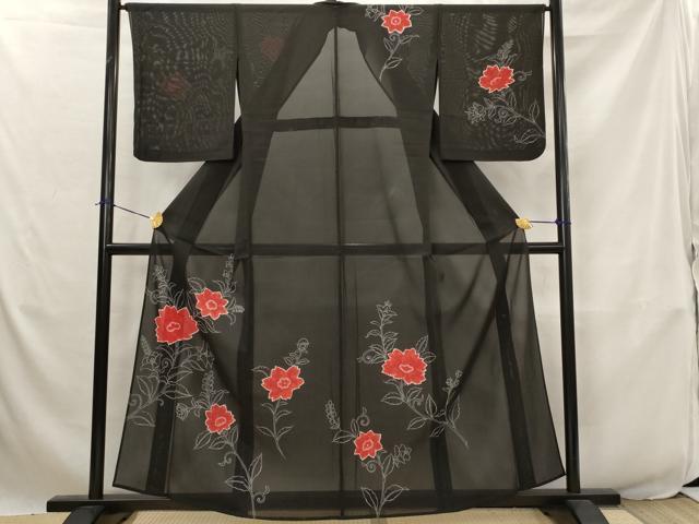 平和屋着物*夏物 訪問着 絽 絞り 更紗花文 黒地 正絹 逸品 AABJ8825st