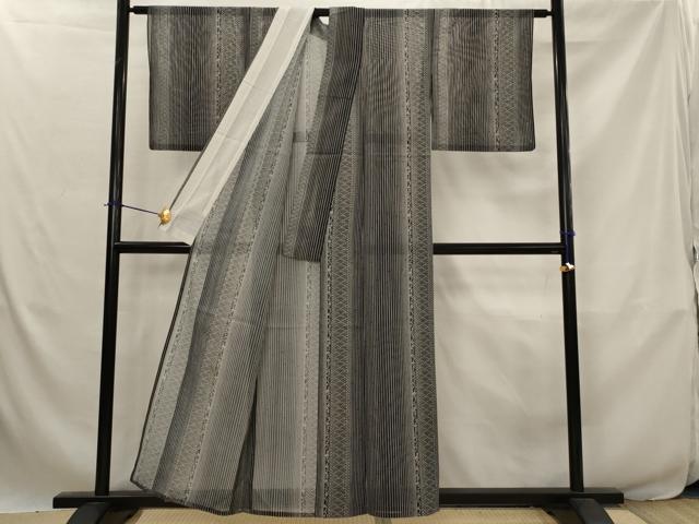 平和屋着物*夏物 小紋 絽 間道 黒地 洗える着物 AABJ8840st