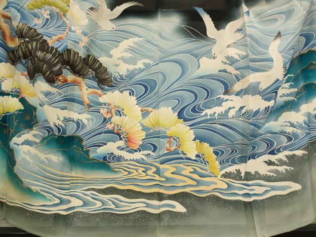 平和屋着物*夏物 アンティーク 大正ロマン 黒留袖 絽 刺繍 流水飛鳥松文 暈し染め 銀糸 正絹 逸品 AABJ8869st