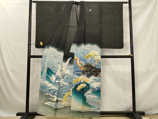 平和屋着物*夏物 アンティーク 大正ロマン 黒留袖 絽 刺繍 流水飛鳥松文 暈し染め 銀糸 正絹 逸品 AABJ8869st